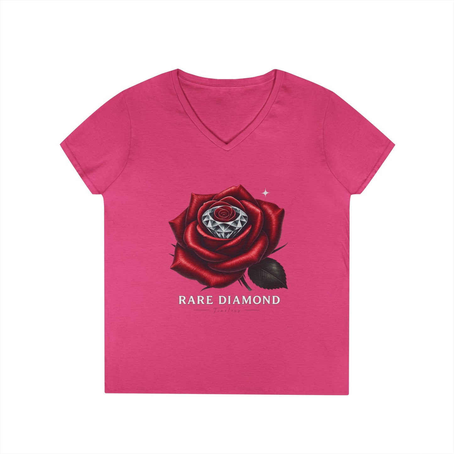 Ladies' V-Neck T-Shirt with Rare Diamond Rose Design, Floral Graphic Tee, Gift for Her, Summer Top, Casual Wear, Birthday Present
