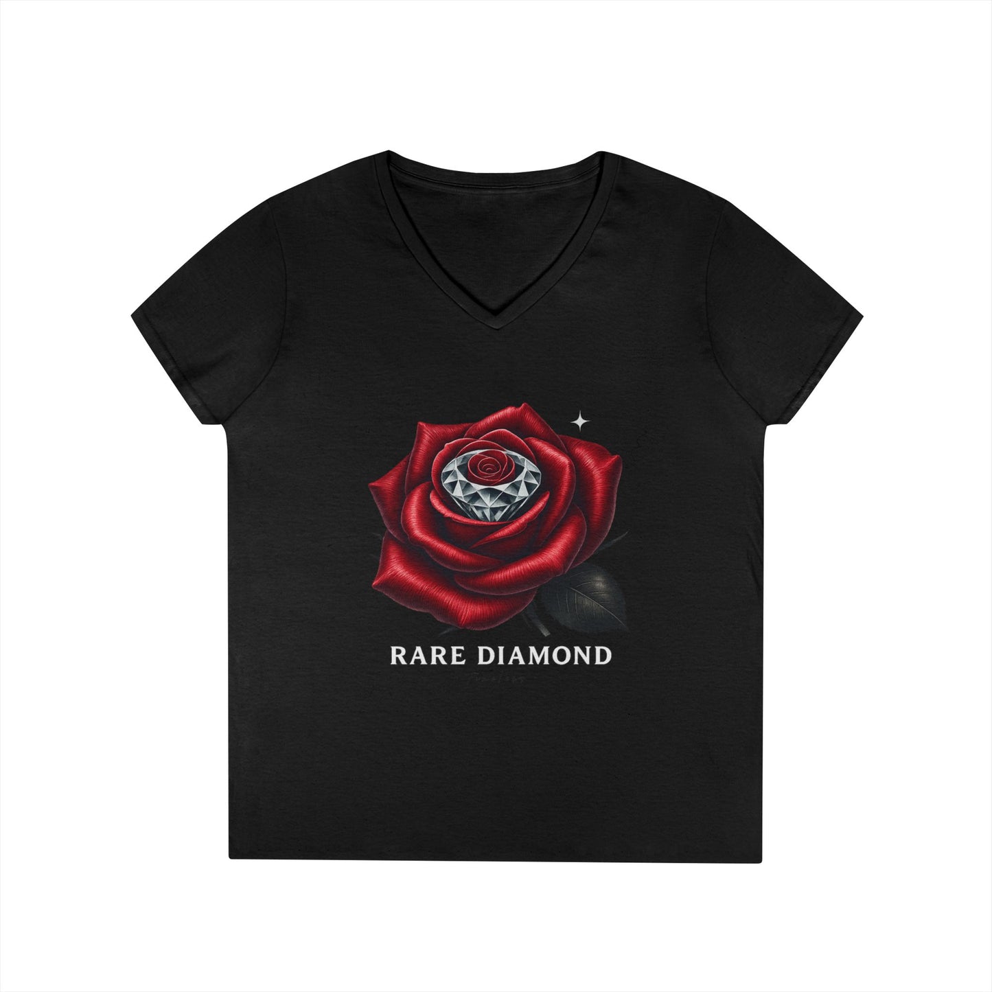 Ladies' V-Neck T-Shirt with Rare Diamond Rose Design, Floral Graphic Tee, Gift for Her, Summer Top, Casual Wear, Birthday Present