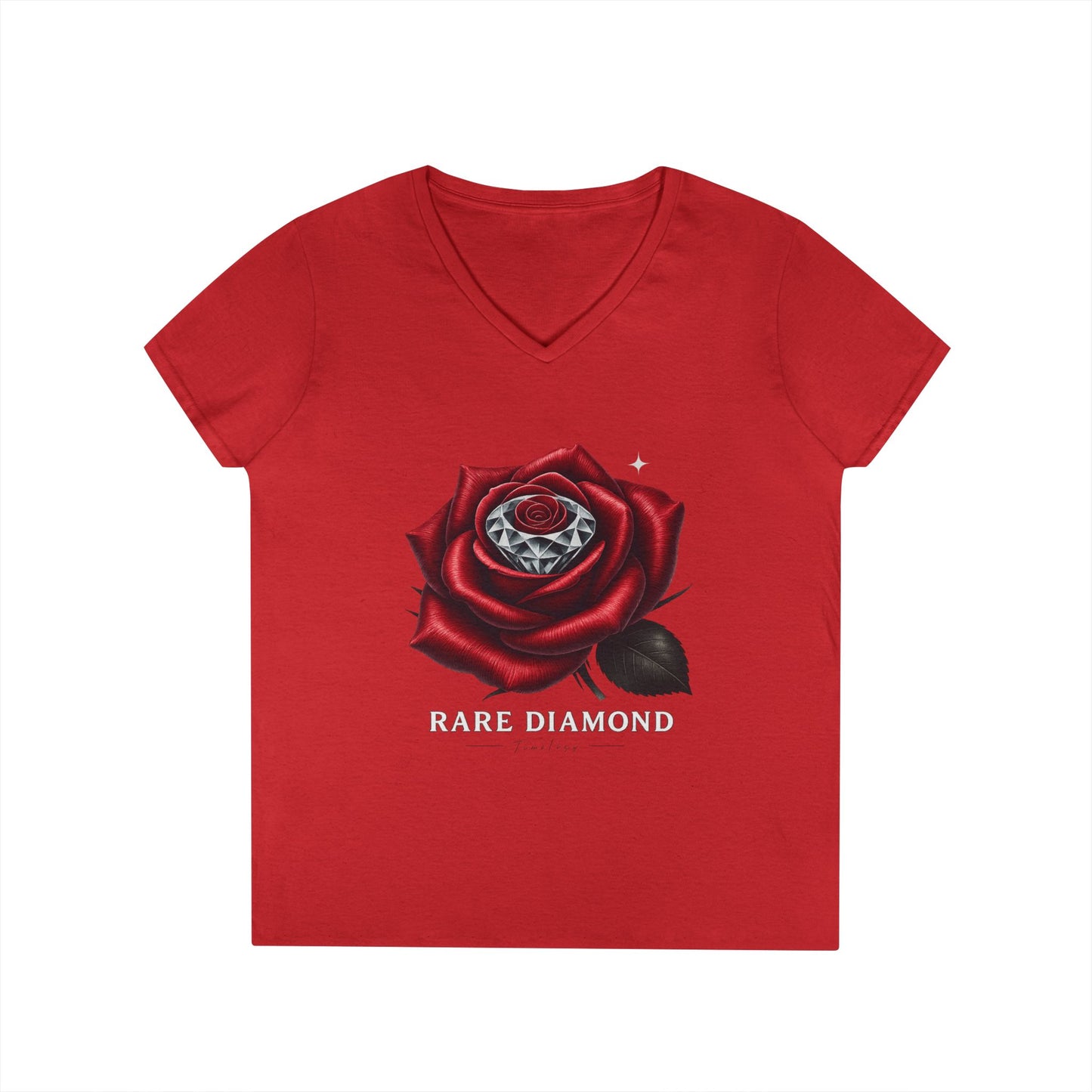 Ladies' V-Neck T-Shirt with Rare Diamond Rose Design, Floral Graphic Tee, Gift for Her, Summer Top, Casual Wear, Birthday Present