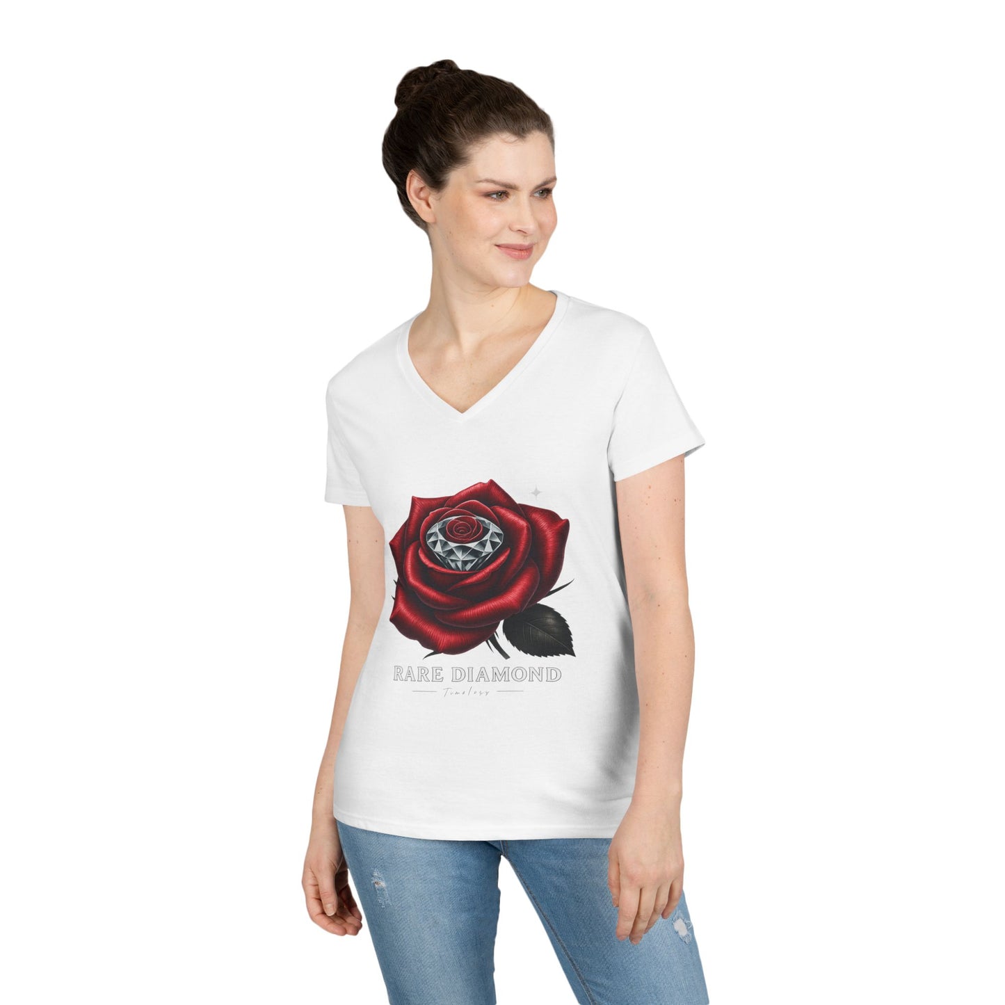 Ladies' V-Neck T-Shirt with Rare Diamond Rose Design, Floral Graphic Tee, Gift for Her, Summer Top, Casual Wear, Birthday Present