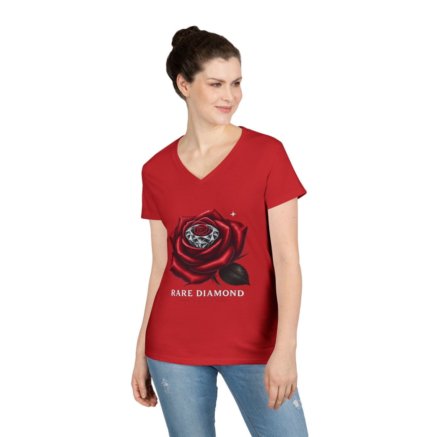 Ladies' V-Neck T-Shirt with Rare Diamond Rose Design, Floral Graphic Tee, Gift for Her, Summer Top, Casual Wear, Birthday Present