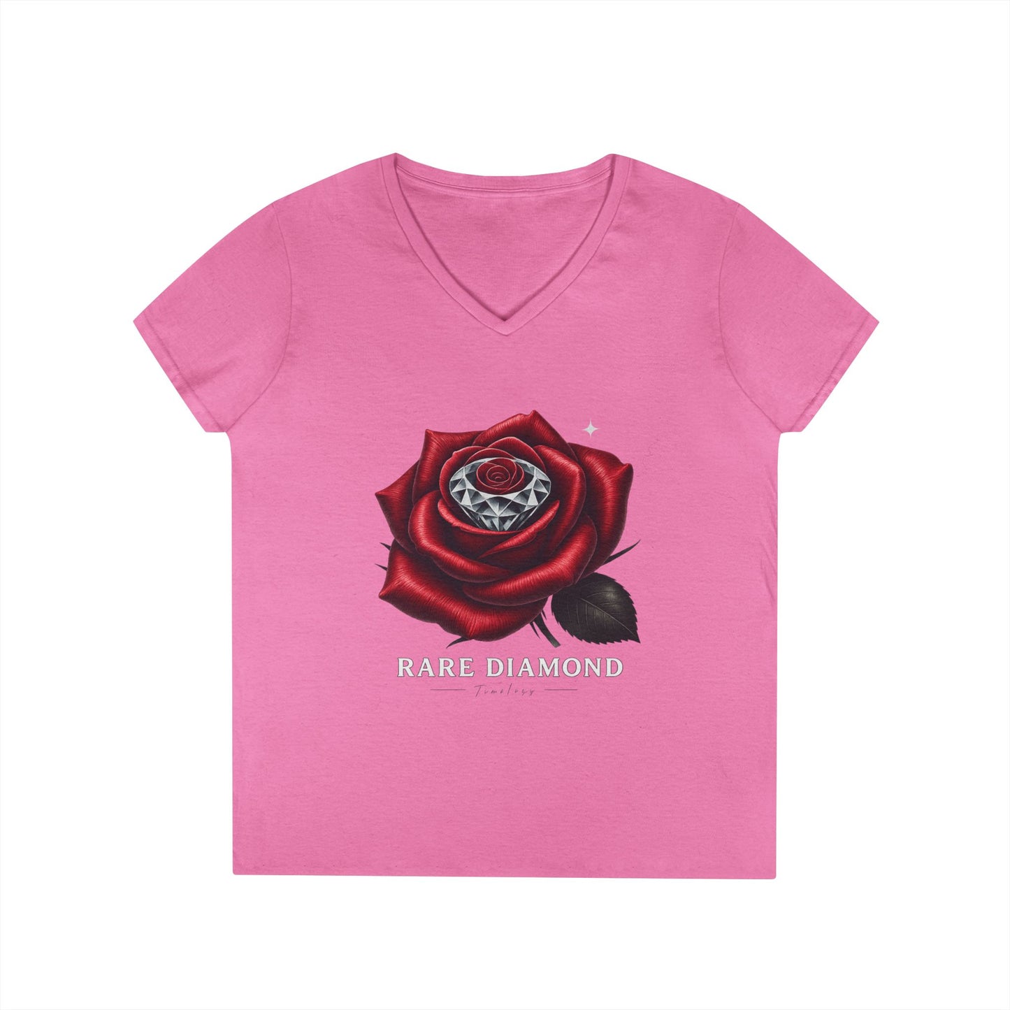 Ladies' V-Neck T-Shirt with Rare Diamond Rose Design, Floral Graphic Tee, Gift for Her, Summer Top, Casual Wear, Birthday Present