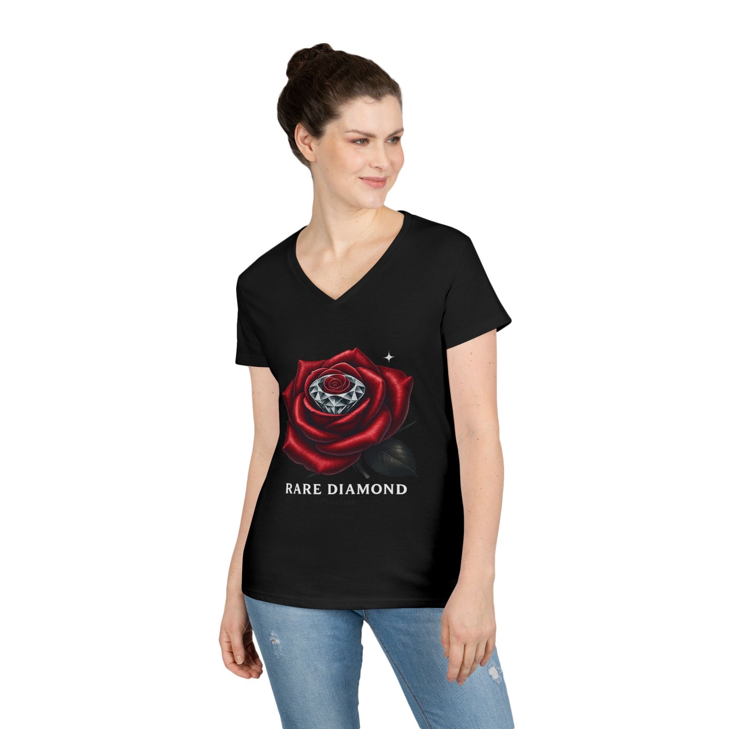 Ladies' V-Neck T-Shirt with Rare Diamond Rose Design, Floral Graphic Tee, Gift for Her, Summer Top, Casual Wear, Birthday Present