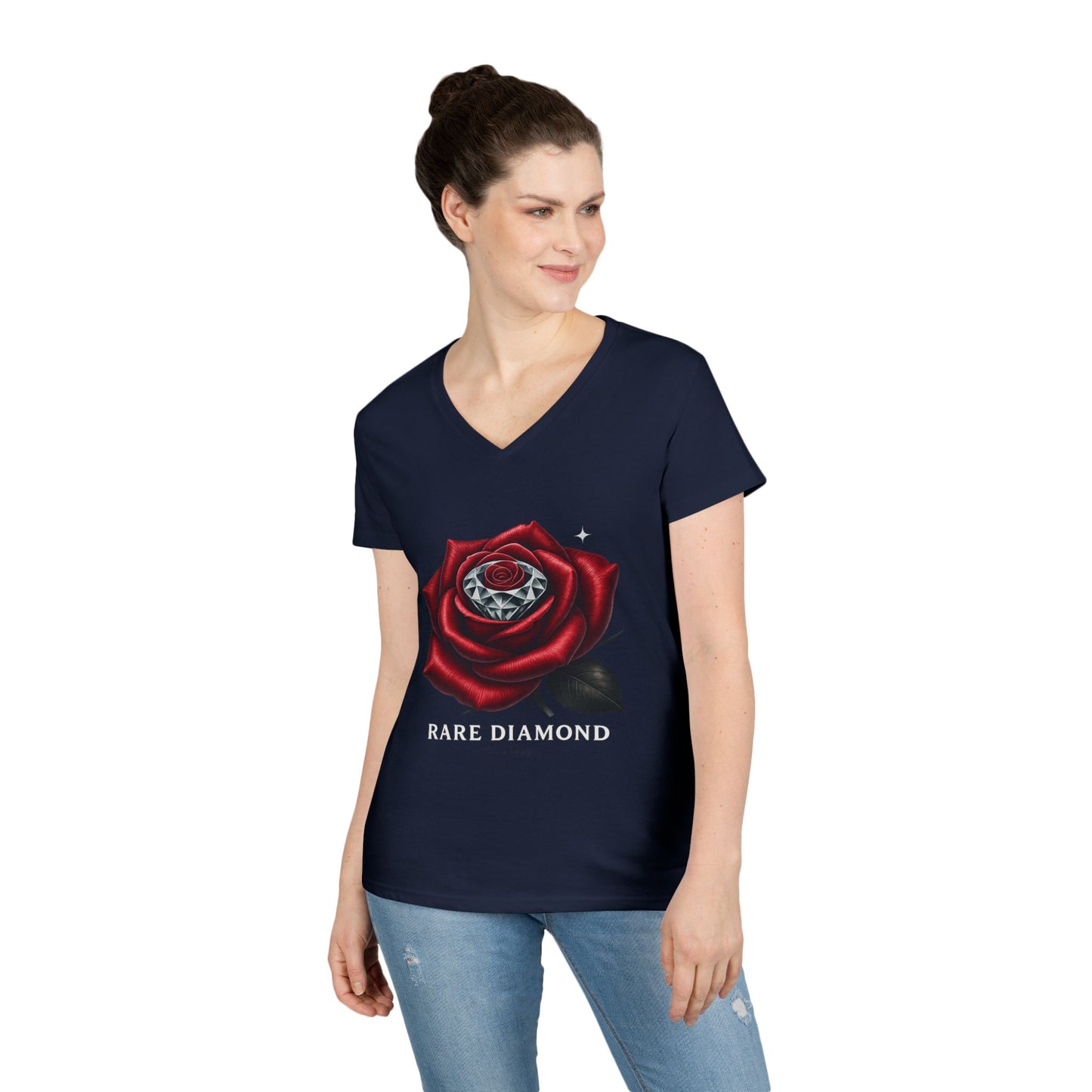 Ladies' V-Neck T-Shirt with Rare Diamond Rose Design, Floral Graphic Tee, Gift for Her, Summer Top, Casual Wear, Birthday Present