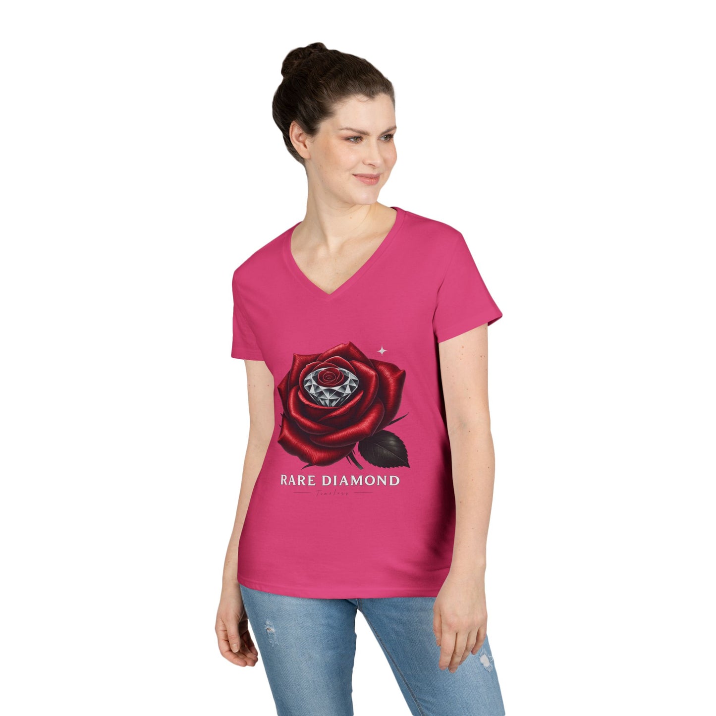 Ladies' V-Neck T-Shirt with Rare Diamond Rose Design, Floral Graphic Tee, Gift for Her, Summer Top, Casual Wear, Birthday Present