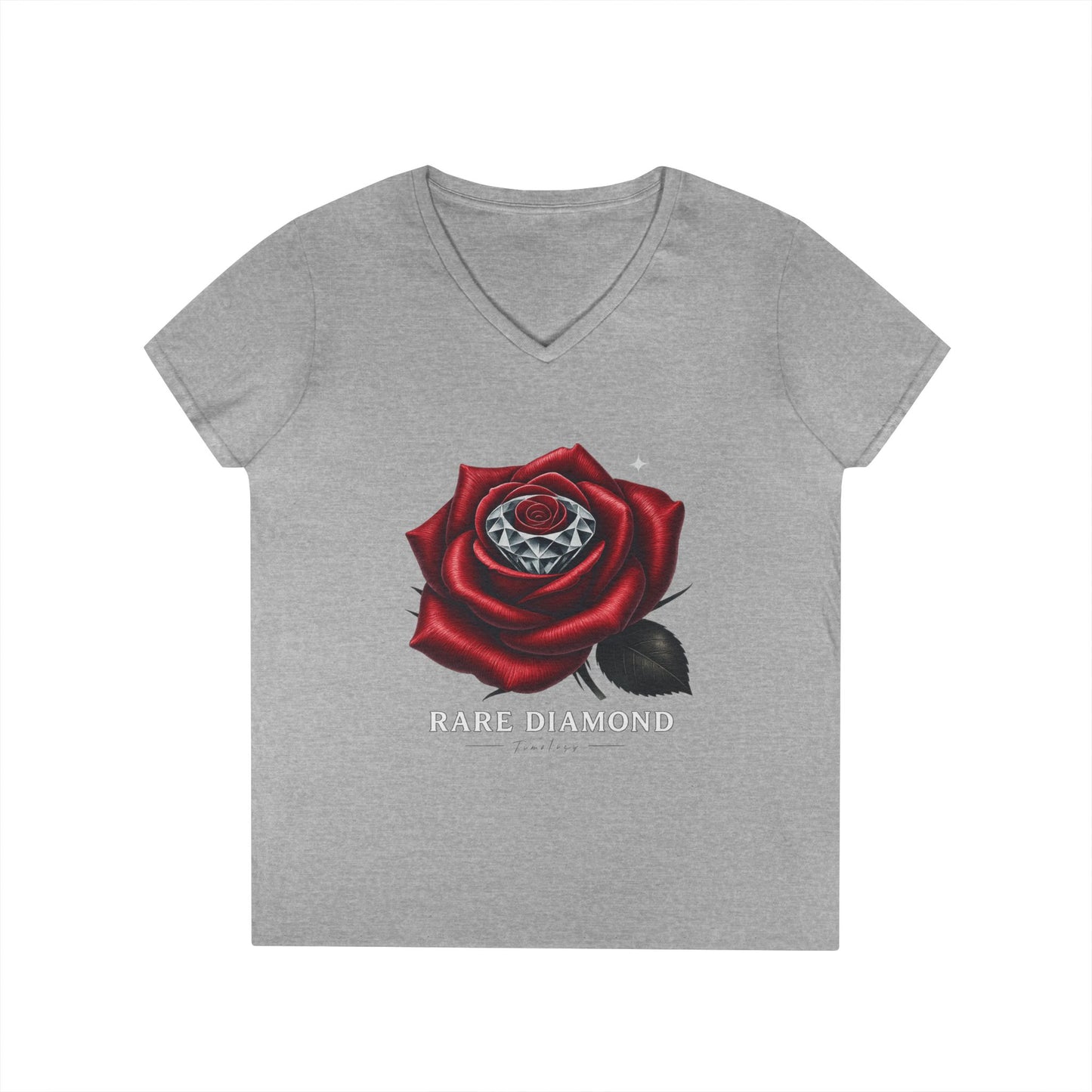 Ladies' V-Neck T-Shirt with Rare Diamond Rose Design, Floral Graphic Tee, Gift for Her, Summer Top, Casual Wear, Birthday Present