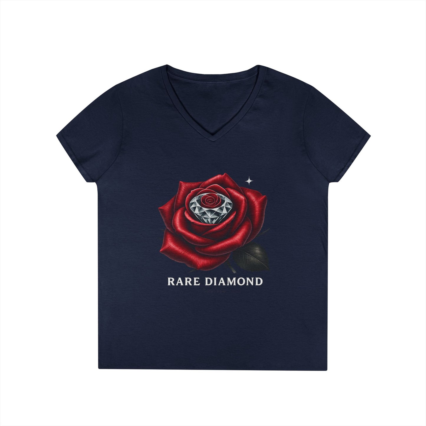 Ladies' V-Neck T-Shirt with Rare Diamond Rose Design, Floral Graphic Tee, Gift for Her, Summer Top, Casual Wear, Birthday Present