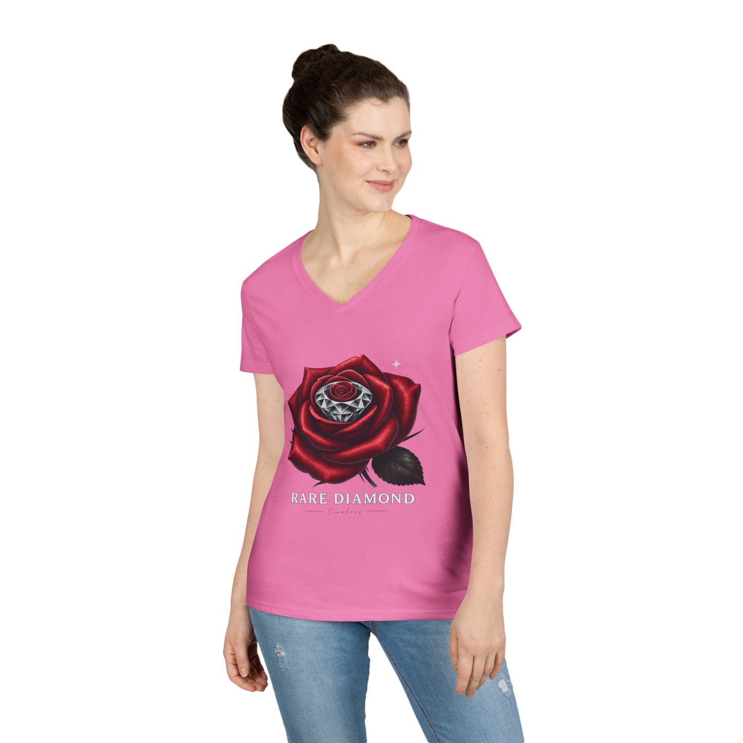 Ladies' V-Neck T-Shirt with Rare Diamond Rose Design, Floral Graphic Tee, Gift for Her, Summer Top, Casual Wear, Birthday Present