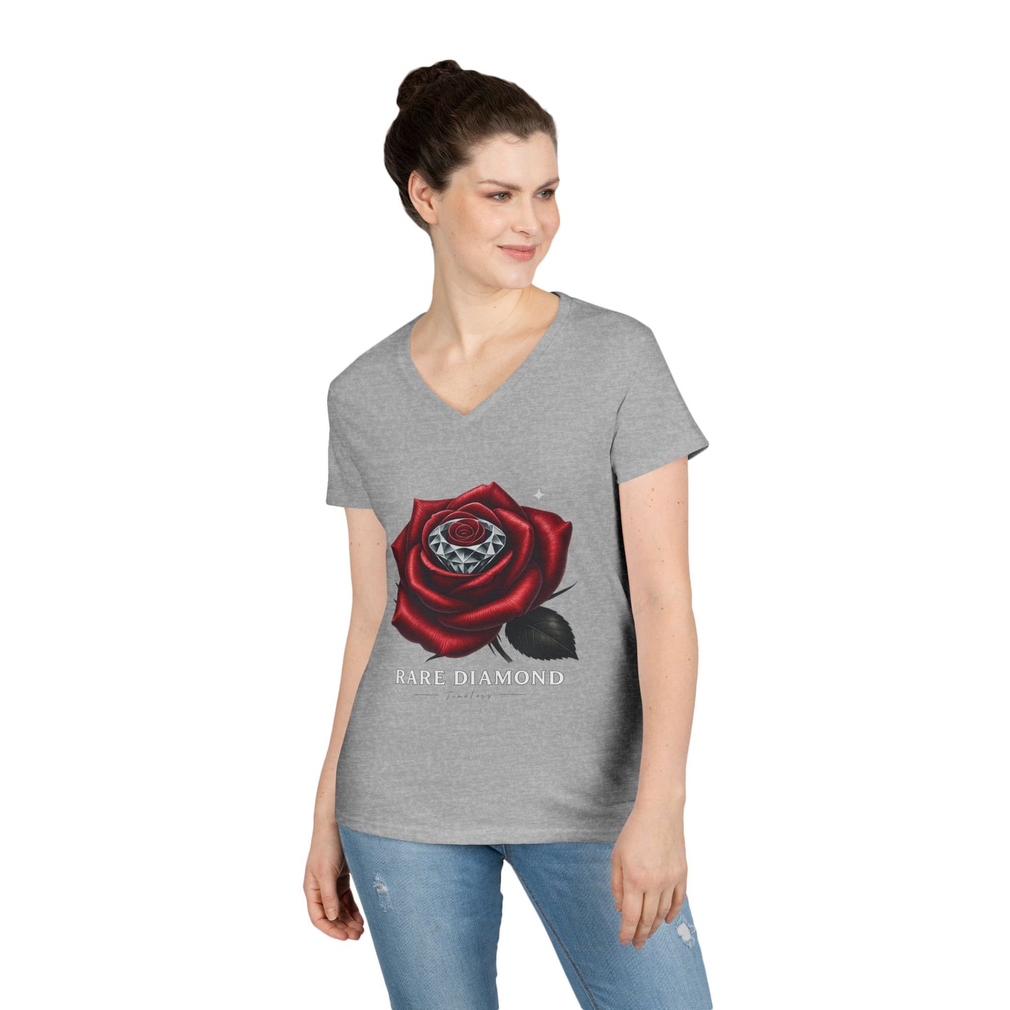 Ladies' V-Neck T-Shirt with Rare Diamond Rose Design, Floral Graphic Tee, Gift for Her, Summer Top, Casual Wear, Birthday Present