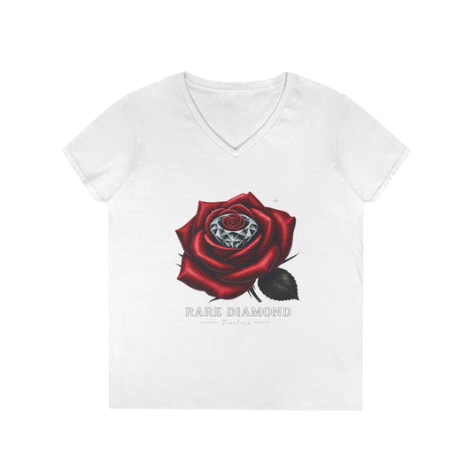 Ladies' V-Neck T-Shirt with Rare Diamond Rose Design, Floral Graphic Tee, Gift for Her, Summer Top, Casual Wear, Birthday Present